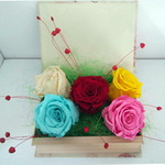 Aranjament floral cu trandafiri stabilizati in cutie tip carte