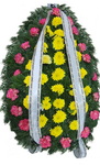 Coroana cu crizanteme si garoafe (roz si galbene)