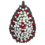Coroana funerara cu crizanteme albe si trandafiri rosii